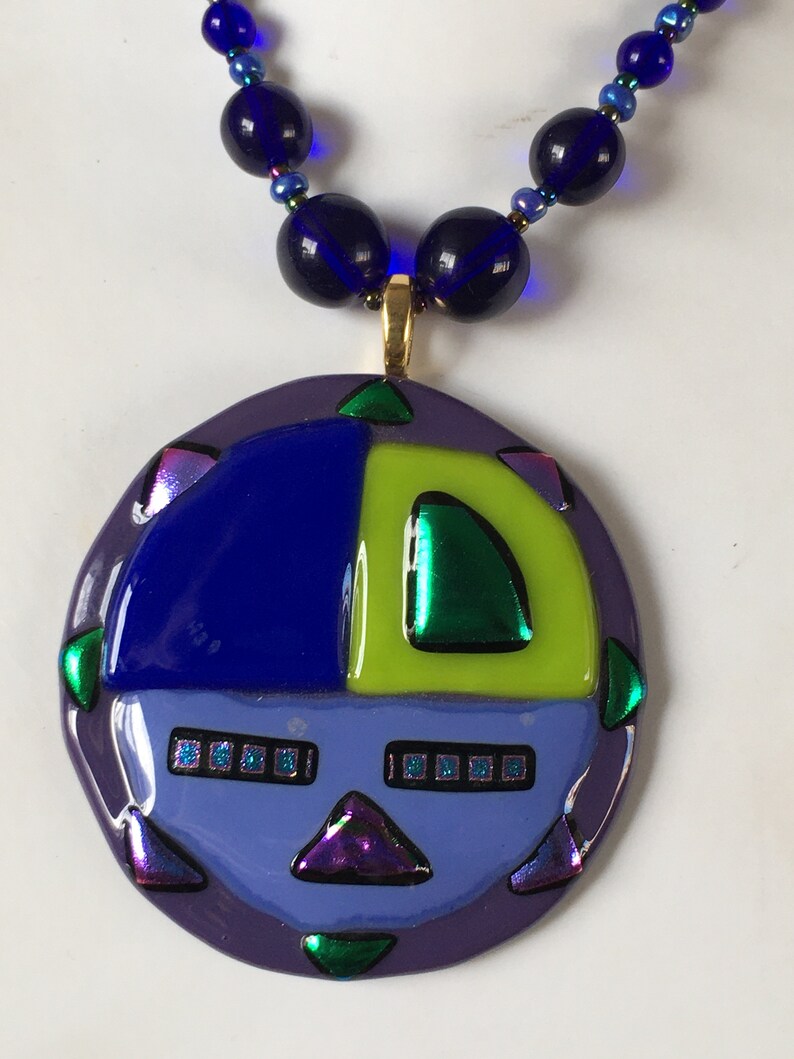 Fused Glass Pendant on Glass Beaded Necklace Signed Piece