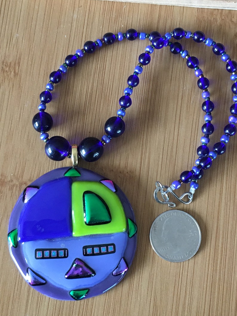 Fused Glass Pendant on Glass Beaded Necklace Signed Piece