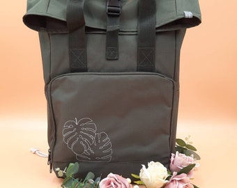 Rucksack Monstera Palmenblatt personalisiert Backpack Roll-Top
