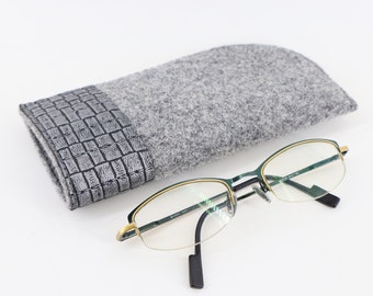 Brillenetui aus Design Tweed Wollfilz und Leder, Brillentasche, Brillenhülle, Brillenmäppchen, Geschenk für Vatertag, Etui für Brille, grau