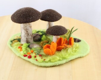 Chestnut mushroom family in a meadow, autumn decoration mushrooms, mushroom landscape, needle felted unique piece