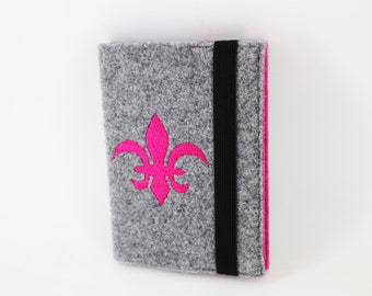 Book cover A6 with notebook, grey pink, with embroidered Fleur-de-Lis motif