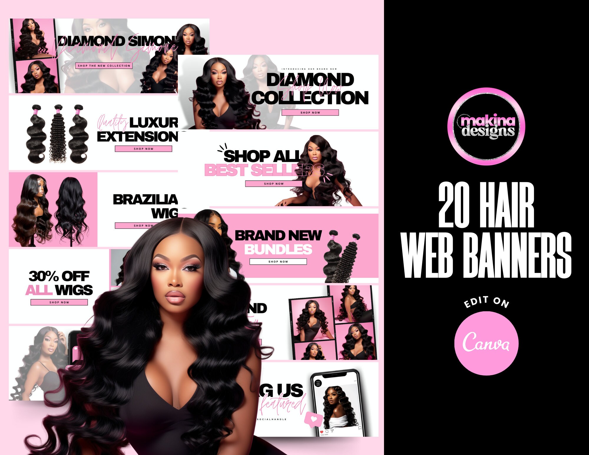 20 Hair Web Banners Set, diy web slide banners, canva templates, hair business, wigs, hair extensions web, web banner, shopify, wix, godaddy