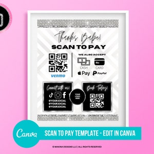 SCAN TO PAY template, Print yourself, Glam business pay options, Beauty business, glam branding, edit yourself on canva template