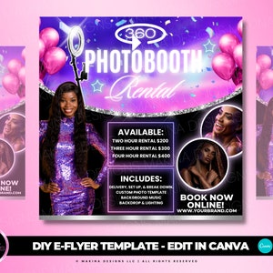 PHOTOBOOTH RENTAL E-FLYER, Canva template, 360 photo booth, photo booth rental, party, events, photo station, 360 degree photo booth