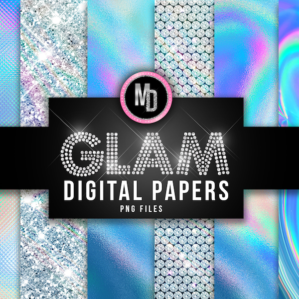 GLAM DIGITAL PAPER, holographic glam textures, glitter textures, diamond textures, silver glitter, digital paper