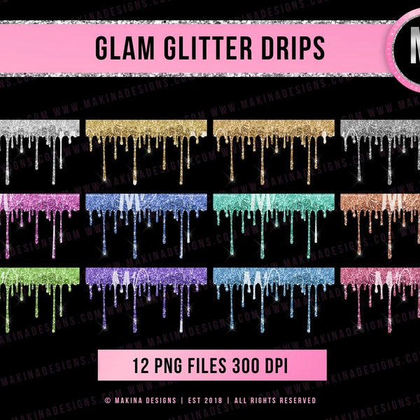 GLAM GLITTER DRIPPING, dripping glitter clipart, glitter, rainbow colors glitter, blue glitter, gold glitter, glitter drips png files