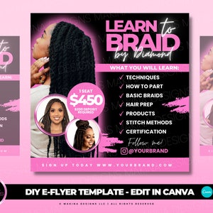 BRAID CLASS E-FLYER template, social media engagement templates, hair braids wigs, learn to braid class, hair class flyer, canva template