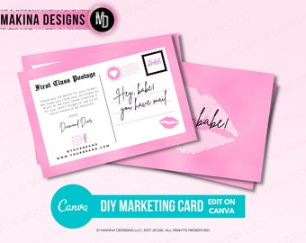 POSTCARD MARKETING CARD, thank you postcard, marketing card, retargeting card, glitter pink, canva template