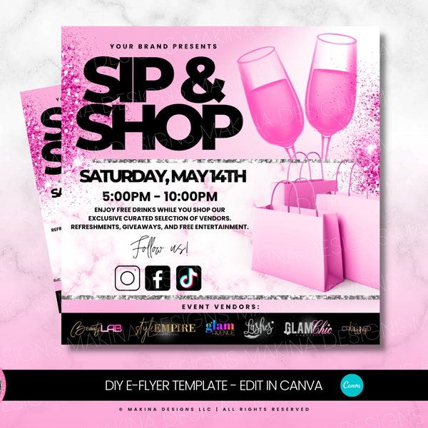 SIP AND SHOP e-flyer template, Edit on Canva, Sip and Shop Flyer, diy shop and sip flyer, Event Flyer