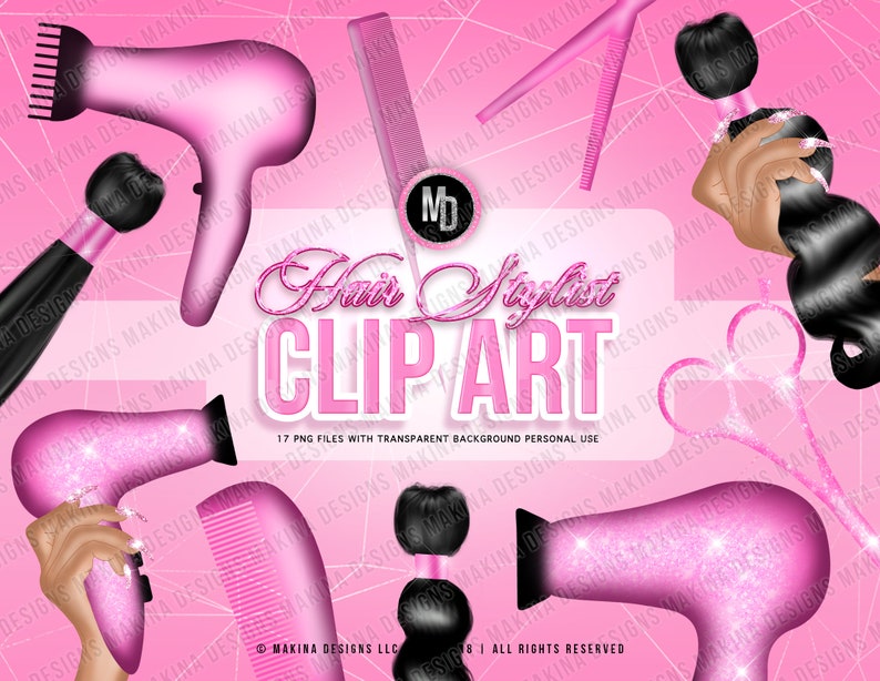 HAIR STYLIST CLIPART Png Files Hand Drawn Pink Glitter - Etsy