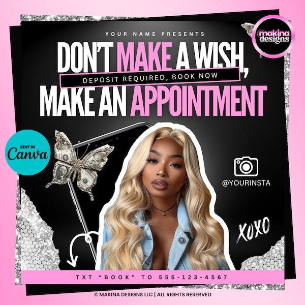 Editable Appointment booking flyer template, New bookings, full set nails, lash extensions, wigs install, hair bundles, beauty business