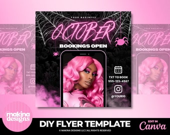October bookings flyer template,  Editable Booking Flyer Template, DIY Hair Lash Makeup Nail Appointments Available Flyer, Book Now Flyer
