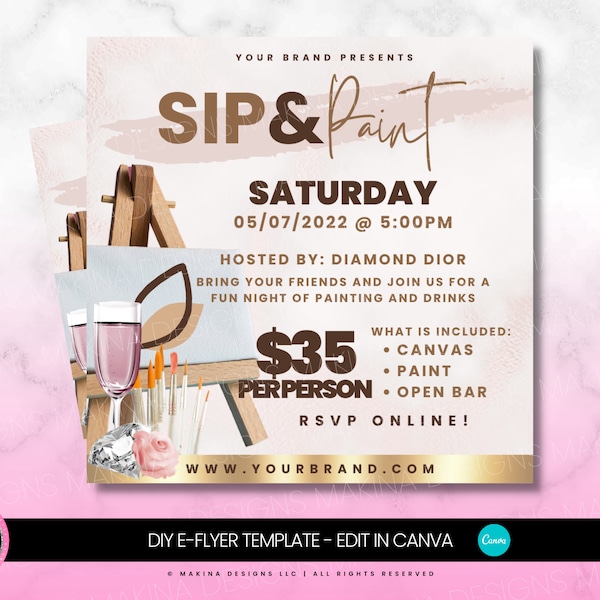 SIP AND PAINT e-flyer template, Edit on Canva, Sip and Shop Flyer, diy Paint and sip flyer, Event Flyer