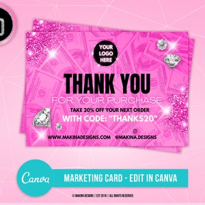 CARTÃO DE MARKETING DIY, cartão postal de agradecimento, cartão de marketing, cartão de retargeting, dinheiro com glitter rosa, modelo canva