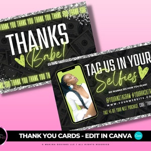 THANK YOU CARD Vorlage, Edit in Canva, Dankeskarte, grün neon, glam Design, Lash Card, Bundles Karte, Dankeschön Kauf Karte
