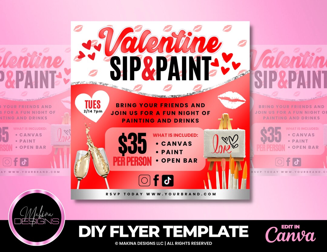 Valentine Sip and Paint Flyer Template, Valentine Event Flyer, Sip and