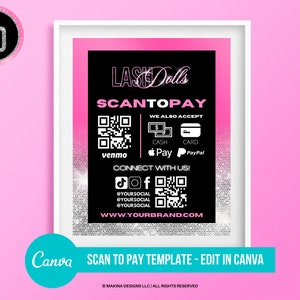 SCAN TO PAY Vorlage, Selbst ausdrucken, Glam Business Pay Optionen, Beauty Business, glam branding, edit yourself on canva template