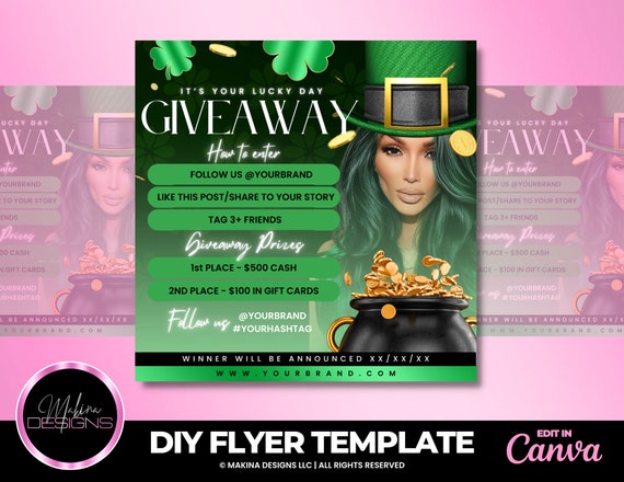 March Raffle Giveaway Flyer, March raffle, St Patricks Day prize, raffle holiday prize giveaway, lashes nails hair