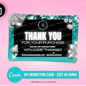 MARKETING CARD DIY, danke Postkarte, Marketing-Karte, Retargeting-Karte, Petrol Glitzer schimmern, Canva-Vorlage