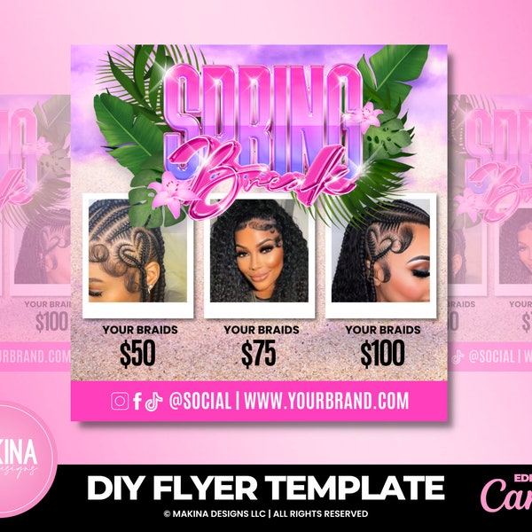 Modèle Spring Braids Specials, modèles d'engagement sur les réseaux sociaux, tresses de cheveux, flyer instagram, flyer cheveux, modèle canva, printemps