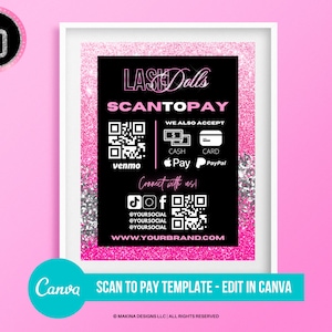SCAN TO PAY Vorlage, Selbst ausdrucken, Glam Business Pay Optionen, Beauty Business, glam branding, edit yourself on canva template
