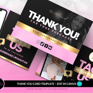DANKE KARTE Vorlage, Bearbeiten in Canva, Dankeschön Karte, Gold Marmor, glam Design, Lash Card, Bundles Karte, Danke Kauf Karte