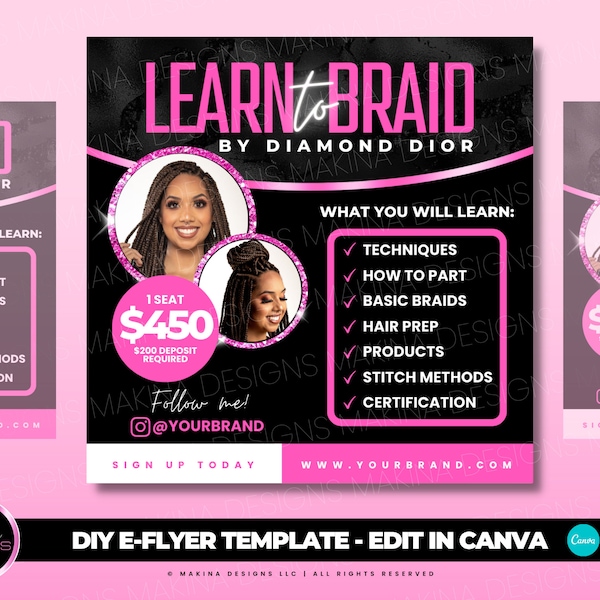 BRAID CLASS E-FLYER template, social media engagement templates, hair braids wigs, learn to braid class, hair class flyer, canva template