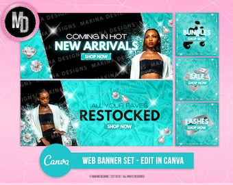DIY WEB BANNERS, money glitter teal shimmer, glitter, web banners, template website banner category banner set, bundles, lip gloss, lashes