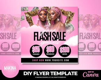 June Sale flyer template, full set nails, lash extensions, wigs install flyer, lace front, hair bundles, beauty business branding