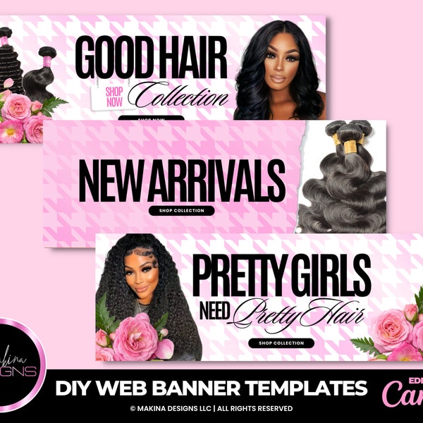 Hair Business Web Slide Banners, diy web slide banners, canva templates, Wig Hair business, website banners, shopify, wix, godaddy