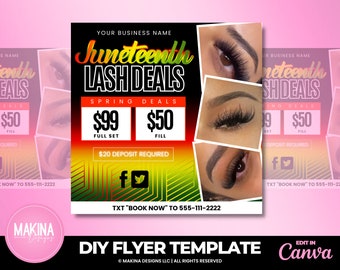 Juneteenth Lash Extensions flyer, Juneteenth lashes, lash extensions sale template, lash extension business, lashes, beauty lash deals