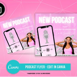 SOCIAL MEDIA FLYER, podcast flyer, new podcast, instagram flyer, pink silver glam, canva template