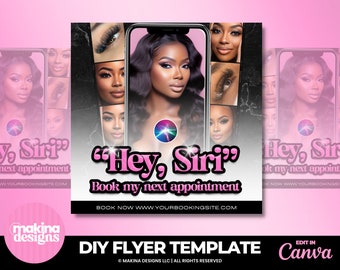 Hey Siri bookings flyer template,  Editable Booking Flyer Template, DIY Hair Lash Makeup Nail Appointments Available Flyer, Book Now Flyer