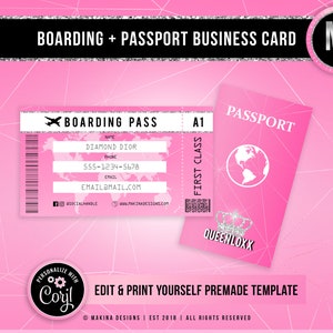 DIY BUSINESS CARD template, passport boarding pass, Business card, Premade logo, Logo Template, lash technician, beauty