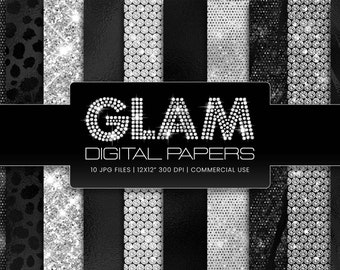 GLAM DIGITAL PAPER, glam textures, glitter textures, diamond textures, black dolly glam, black texture, silver glitter, digital paper