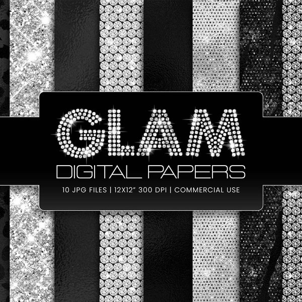 GLAM DIGITAL PAPER, textures glam, textures paillettes, textures diamant, glam chariot noir, texture noire, paillettes argentées, papier numérique