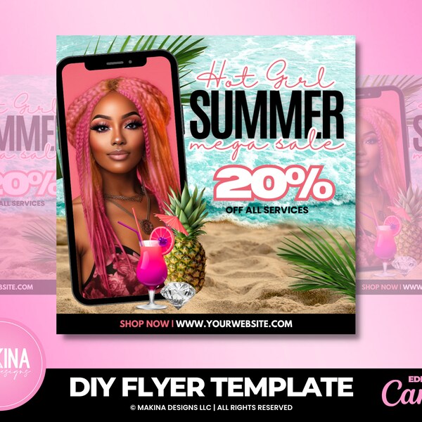 Summer Sale Flyer template, hair, braids, nails, wigs, clothing boutique, instagram flyer, hot girl summer, canva template