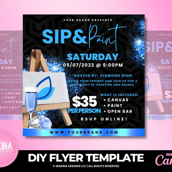 SIP AND PAINT e-flyer template, Edit on Canva, Sip and Shop Flyer, diy Paint and sip flyer, Event Flyer