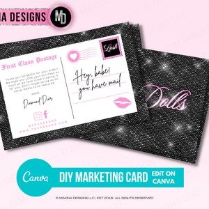 POSTCARD MARKETING CARD, postal de agradecimiento, tarjeta de marketing, tarjeta de retargeting, rosa purpurina, plantilla de canva