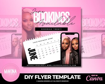 June bookings flyer template, full set nails, lash extensions, wigs install flyer, lace front, hair bundles, beauty business branding