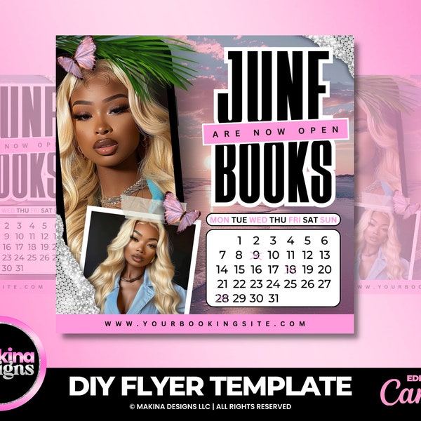 Editable June bookings flyer template, New bookings, full set nails, lash extensions, wigs install flyer, hair bundles, beauty business
