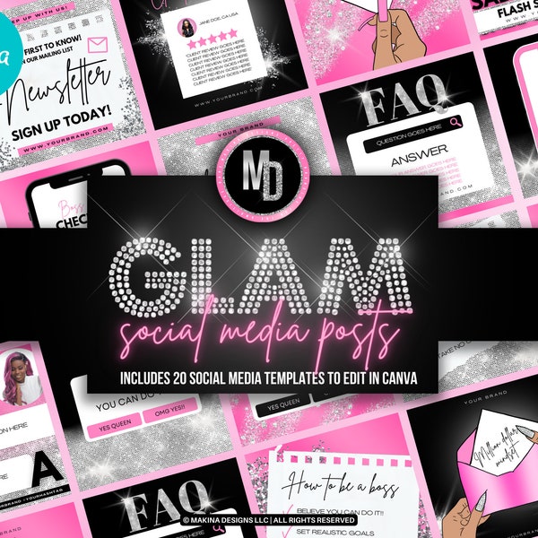 SOCIAL MEDIA SET, social media engagement templates, glam instagram, instagram flyer, beauty flyer, canva template, pink sliver glitter glam