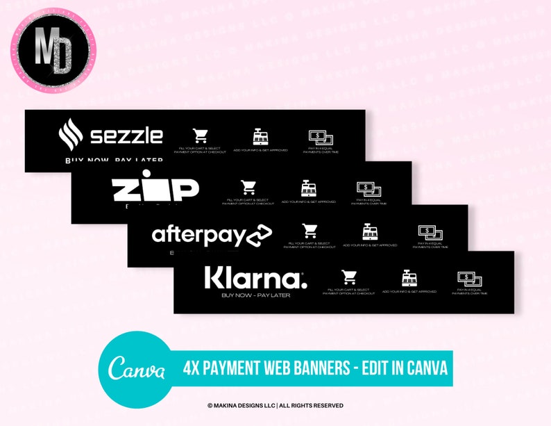 DIY PAYMENT BANNERS, canva templates, klarna, afterpay sezzle, quadpay, web banners, template website banner header footer banner set 