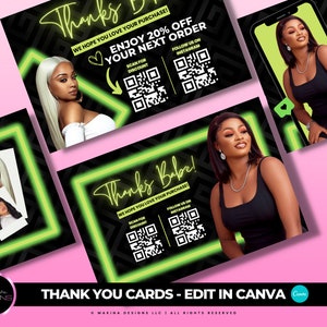 MARKETING CARDS template, Edit in Canva, thank you card, green neon, glam design, lash card, bundles card, thank you purchase card