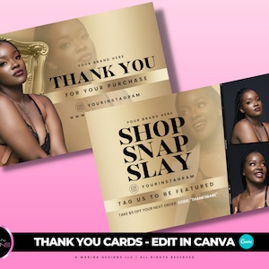 THANK YOU CARD Vorlage, Edit in Canva, Dankeskarte, gold und schwarz, glam Design, Lash Card, Bundles Karte, Dankeschön Kaufkarte