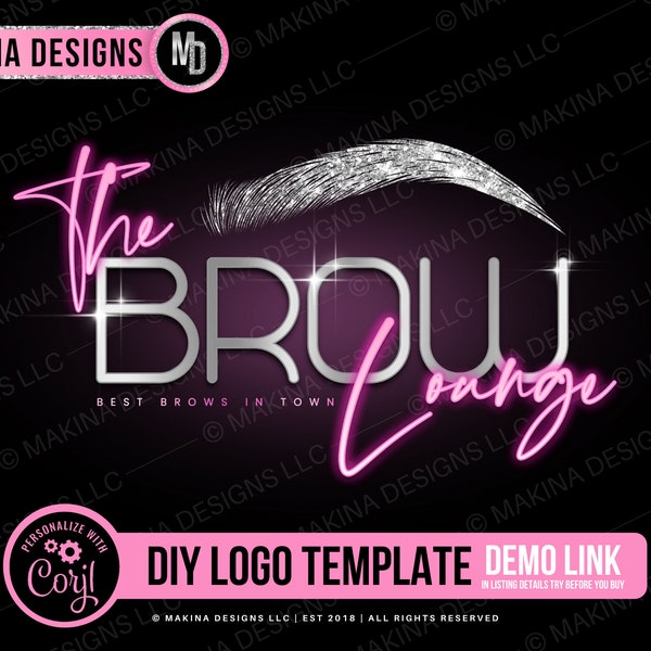 DIY LOGO DESIGN, Neon glitter brow Logo design, Logo, eyelash Premade logo, Logo Template, makeup artist, beauty salon, microblading