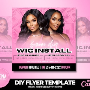 Szablon specjalnych ofert na instalację peruki, edytowalny szablon ulotki rezerwacyjnej, ulotka DIY Hair Lash Makeup Nail Dostępne terminy, ulotka Book Now