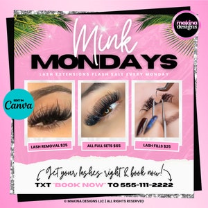Lash Extensions Sale flyer, Mink Monday lashes flyer, lash extensions sale template, lash extension business, lashes, beauty lash deals