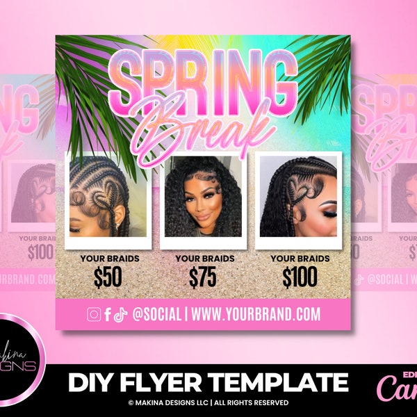 Spring Braids Specials template, social media engagement templates, hair braids, instagram flyer, hair flyer, canva template, spring time